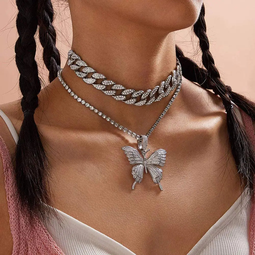 Butterfly Cuban Link Charm Necklace Set