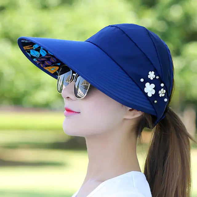 Women Foldable Sun Hat Pearl Flower Visor