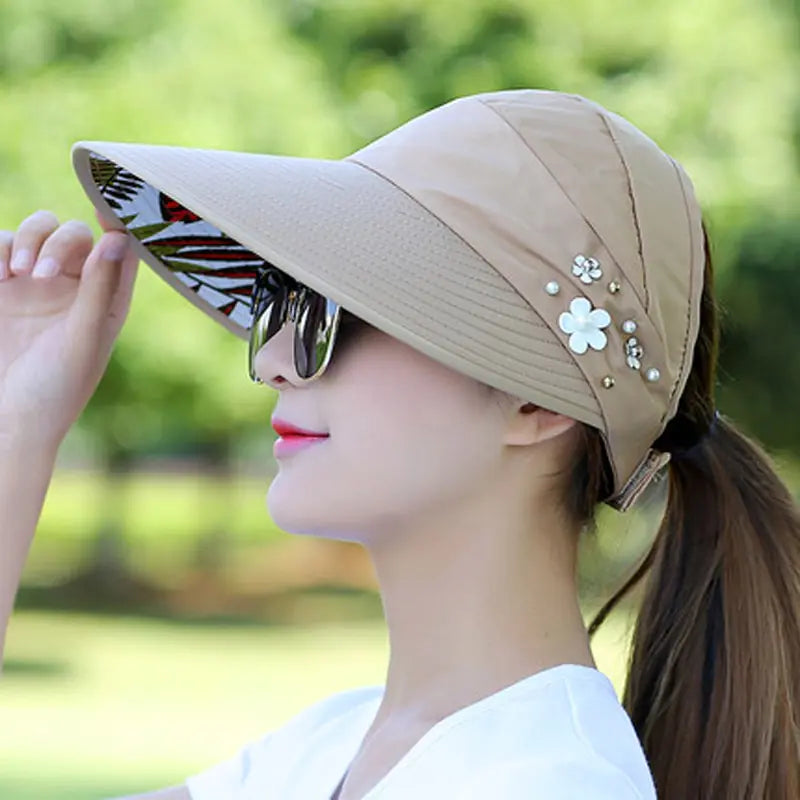 Women Foldable Sun Hat Pearl Flower Visor