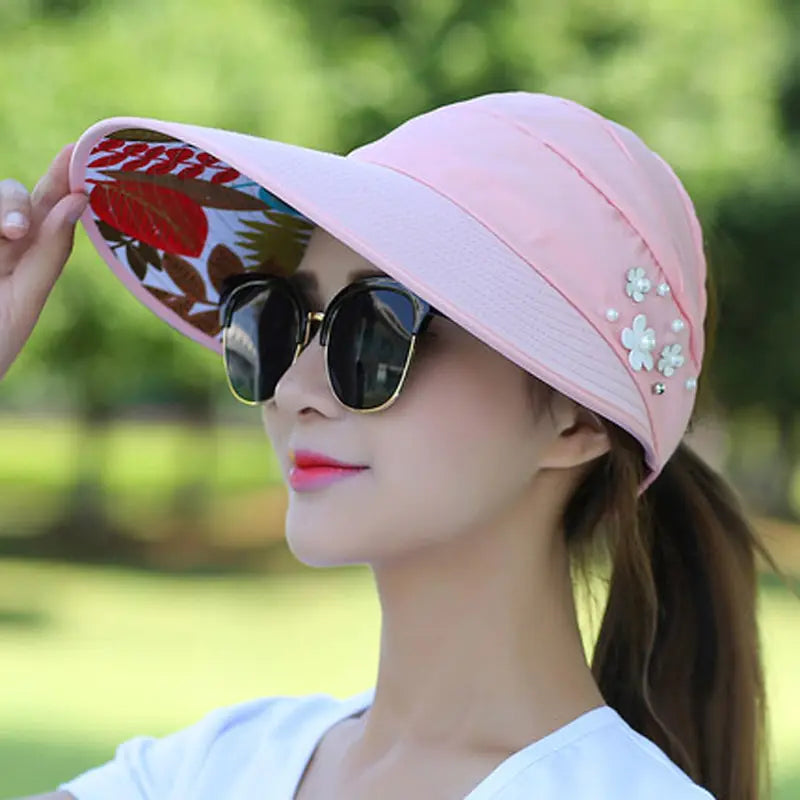 Women Foldable Sun Hat Pearl Flower Visor