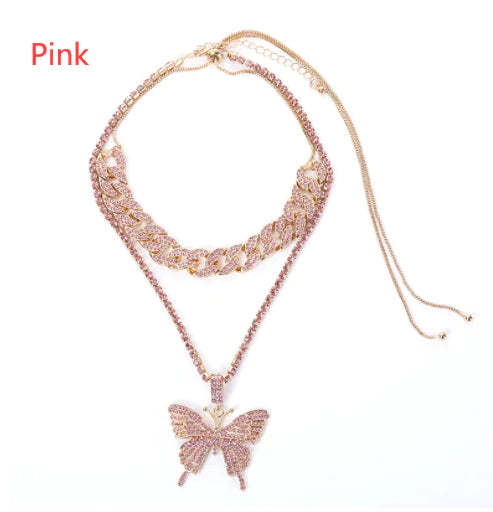 FlutterIce - Iced Out Butterfly Cuban Link Charm Necklace Set