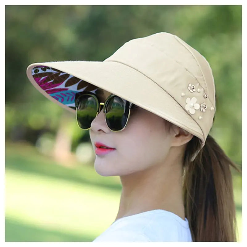 Women Foldable Sun Hat Pearl Flower Visor