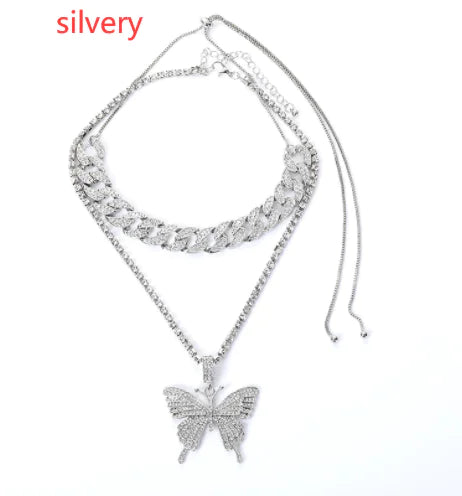 FlutterIce - Iced Out Butterfly Cuban Link Charm Necklace Set