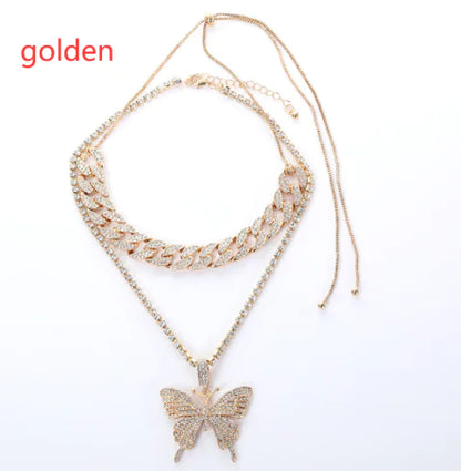 FlutterIce - Iced Out Butterfly Cuban Link Charm Necklace Set