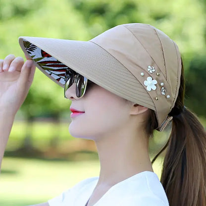 Women Foldable Sun Hat Pearl Flower Visor