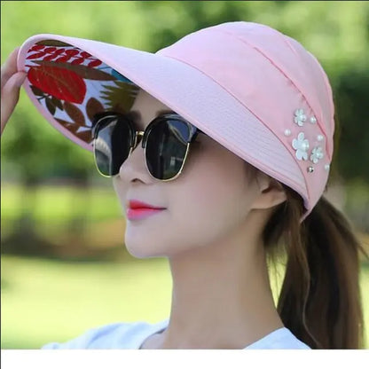 Women Foldable Sun Hat Pearl Flower Visor