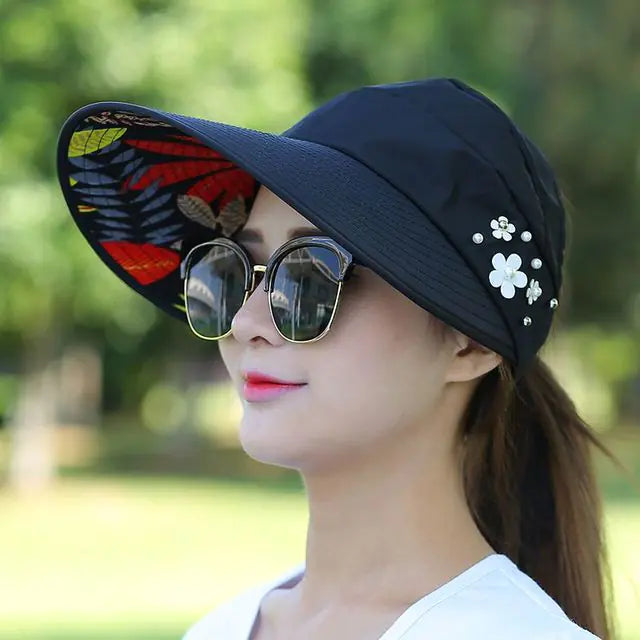 Women Foldable Sun Hat Pearl Flower Visor