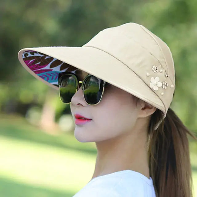 Women Foldable Sun Hat Pearl Flower Visor