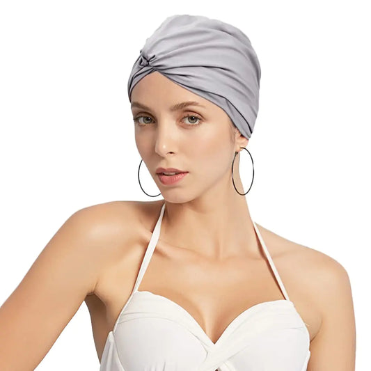 Women Swim Bathing Cap Pre-Tied Knot Swimming Cap Beanie Long Short Hair Non-Slip Elastic Pleated Swim Turban Wrap Soft Swim Cap Non-Waterproof for Swimmers Beginners (Light Gray)
