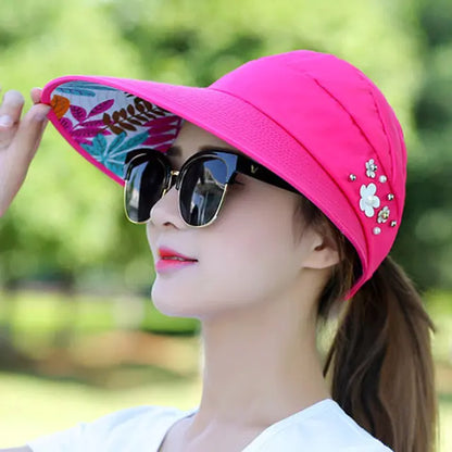 Women Foldable Sun Hat Pearl Flower Visor