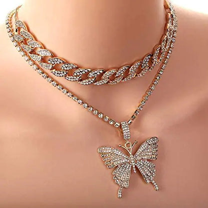 FlutterIce - Iced Out Butterfly Cuban Link Charm Necklace Set